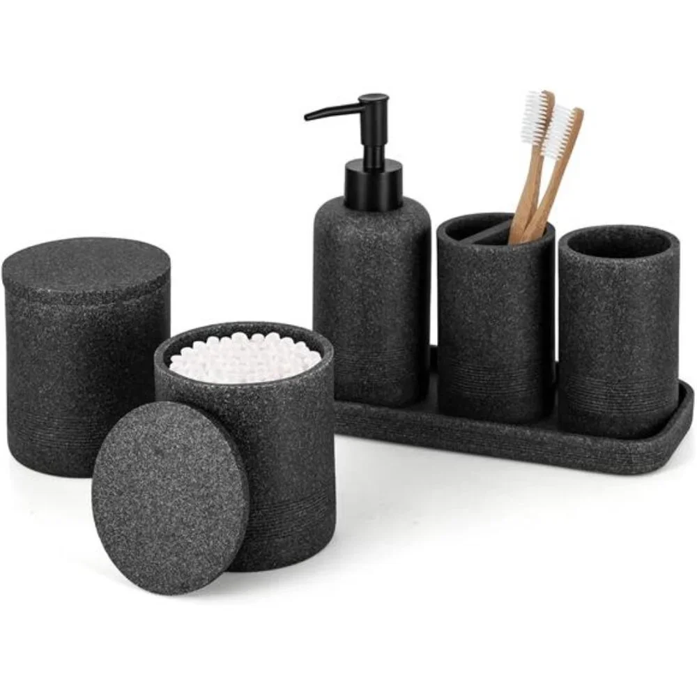 Black Bathroom Accessories Set 6 Pcs - Toothbrush Holder, Lotion Soap Dispensers
